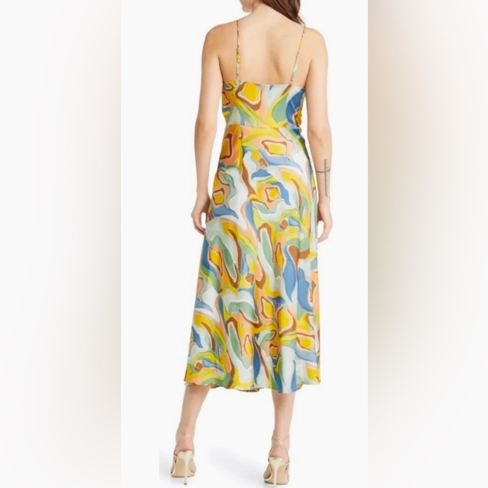 FLORET STUDIOS Printed Tie Front Satin Maxi Dress in Yellow Multi Swirl Size S - Picture 3 of 15
